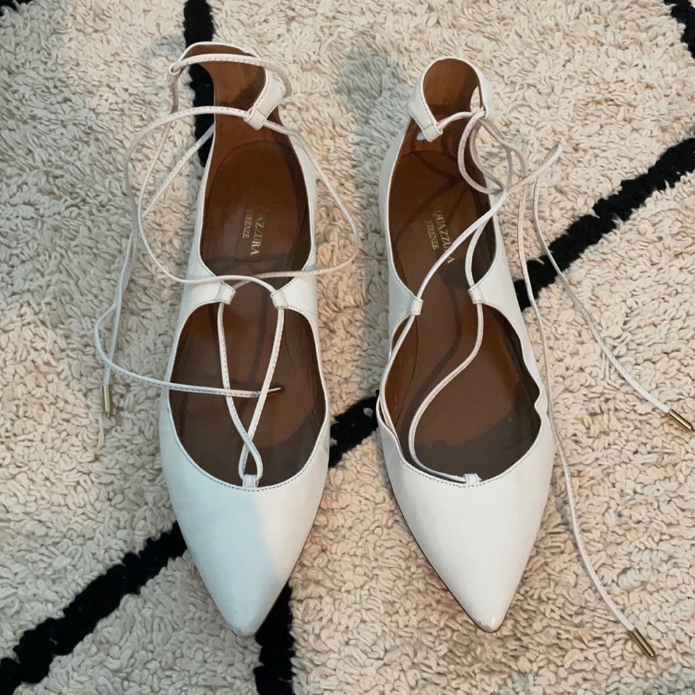 Aquazzura White Leather Laceup Flats in Size 37.5